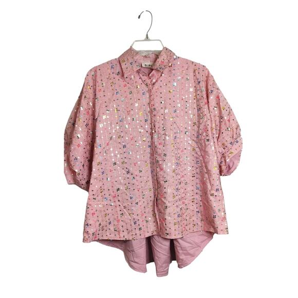 4201) BiBi Blush Pink Sequin Stripe Short Dolman Sleeve Oversize Blouses Small - Picture 2 of 10